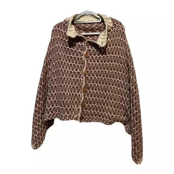 Simply Noelle Multicolor Crochet Chunky Knit Cape Poncho Sweater Button Collar - Picture 1 of 9